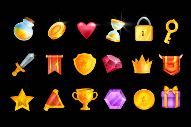 istock Game icon vector set, UI cartoon mobile app casino design element kit, golden coin, winner medal, shield. 1340280706