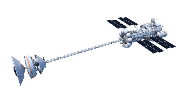 istock Spaceship with solar panels, alien UFO spacecraft in flight isolated on white background, top view, 3D rendering 1340280810