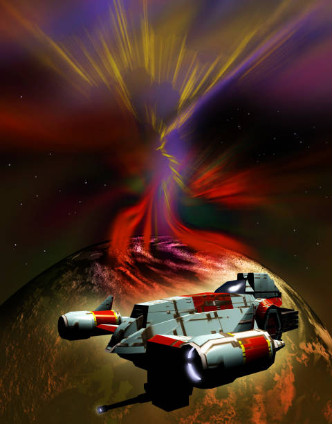 istock spaceship in space near a Planet, 3d rendering 1340281212