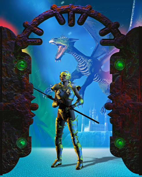 istock Fantasy warrior and dragon, in the background a castle, 3d illustration 1340281251