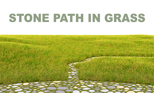 Terrace lined with round stones, stone path in the meadow 3d rendering