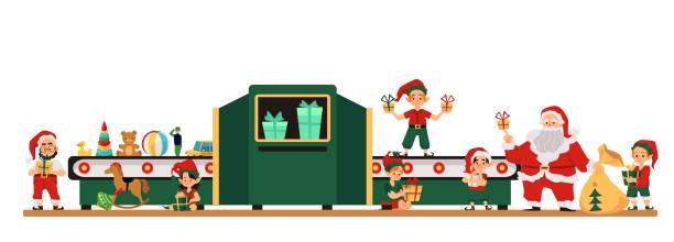 크리스마스 공장 이나 산타 선물 공��장, 플랫 벡터 일러스트 고립. - santa claus elf christmas holiday stock illustrations