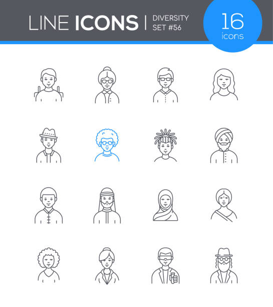 Diversity - modern line design style icon set Diversity - modern line design style icon set. Neat pictures. It is a small world and we are all its inhabitants, despite we are so different. Idea of different nationalities and cultural differences age diversity stock illustrations