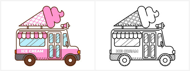 illustrations, cliparts, dessins animés et icônes de page à colorier de fourgon de crème glacée pour les enfants - camionnette de vendeur de glaces