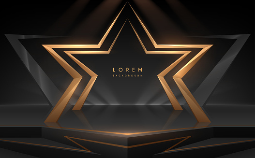 Golden star shape podium with light effect in vector