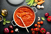 Tomato sauce culinary concept, top down view
