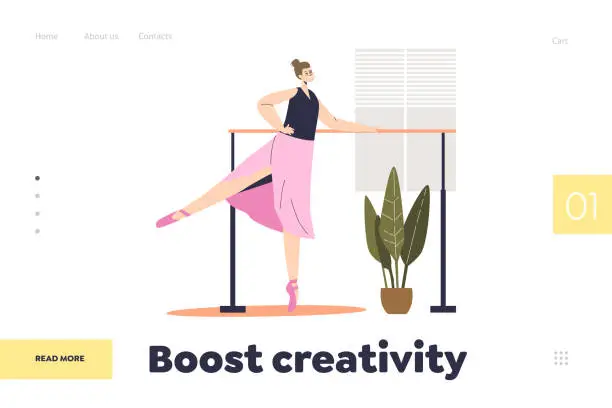 Vector illustration of Boost creativity concept of landing page with ballerina dancing at handrail training ballet