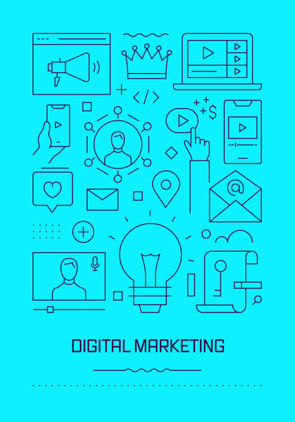 digital marketing related modern line design broszura, plakat, ulotka, szablon prezentacji ilustracja wektorowa - burza mózgów wideo stock illustrations