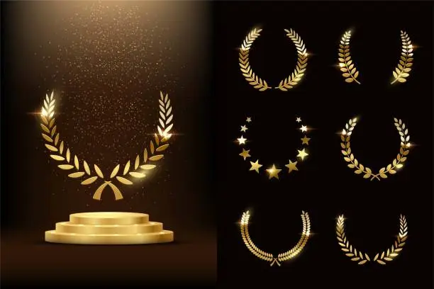 Vector illustration of Golden podium with laurels and stars glowing. Gold stage with glitter and light smoke on dark background set. Hollywood fame in film and cinema or championship in sport vector illustration