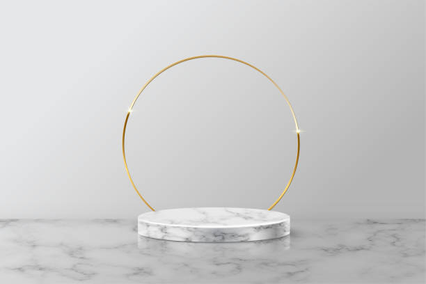 istock Golden ring on gray marble round podium for product. 3d pedestal in stone pattern vector illustration. Geometric stage on floor in room. Abstract place for award ceremony. 1340292757