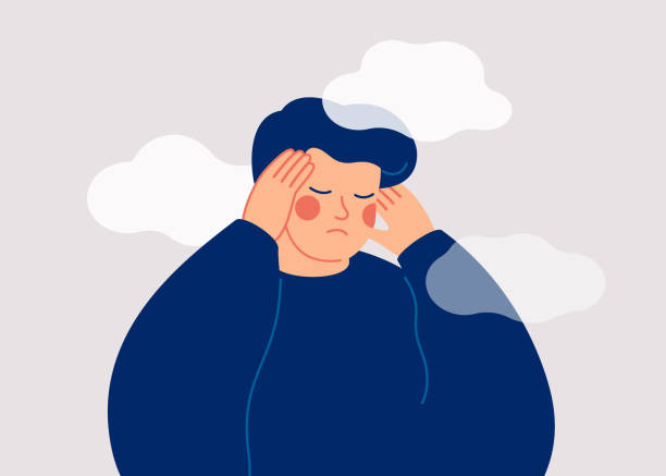 A sad young man has a clouded mind on blue background. A depressed teenager boy suffers from temporary memory loss and confusion. A sad young man has a clouded mind on blue background. A depressed teenager boy suffers from temporary memory loss and confusion. Vector illustration headache stock illustrations