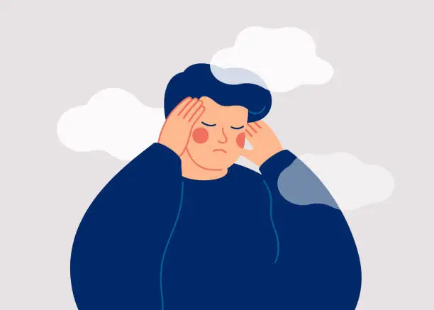 Vector illustration of A sad young man has a clouded mind on blue background. A depressed teenager boy suffers from temporary memory loss and confusion.