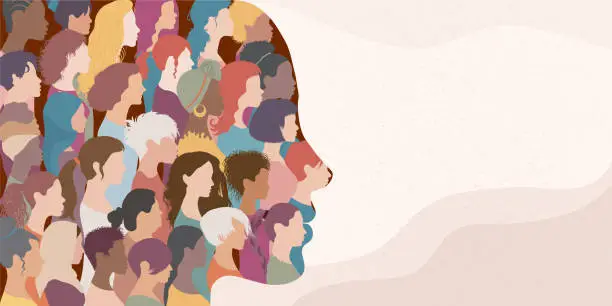 Vector illustration of Woman face silhouette in profile with group of multicultural and multiethnic women faces inside.Concept of racial equality anti-racism and a woman who gives voice to other women. Allyship