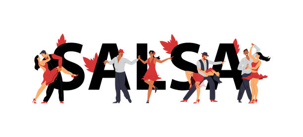 ilustraciones, imágenes clip art, dibujos animados e iconos de stock de palabra salsa en letras grandes y hombres y mujeres bailando, ilustración vectorial plana. - bailando salsa