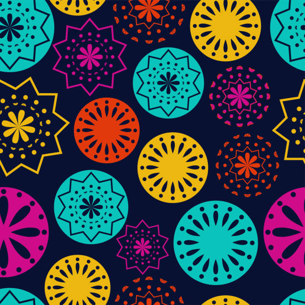 stockillustraties, clipart, cartoons en iconen met vector. perforated bright patterns papel picado pattern on a colored background. hispanic heritage month. polygonal seamless pattern for web banner, poster, cover, splash, social network. - spaanse cultuur