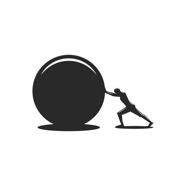 Purposeful man pushes a round stone to achieve his goal, black and white illustration of the ancient Greek myth of Sisyphus. Purposeful man pushes a round stone to achieve his goal, black and white illustration of the ancient Greek myth of Sisyphus. sisyphus stock illustrations