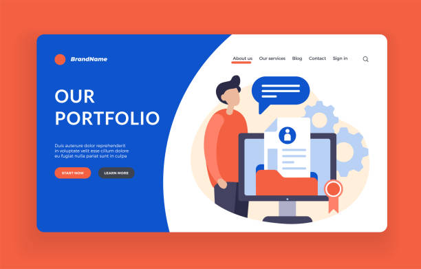 Creation of web portfolio. Online resources with personal achievements and creative ideas Creation of web portfolio. Online resources with personal achievements and creative ideas. Website marketing presentation with awards and certificates for qualifications. Vector home page flat banner creative-portfolio stock illustrations