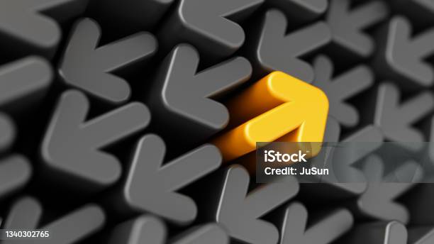 Success Yellow Arrow On Black Arrows Background Standing Out From The Crowd Lucky Business Achievements And Leadership Concept Stock Photo - Download Image Now
