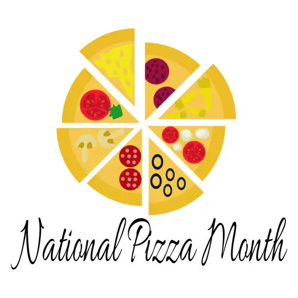 Vector illustration of National Pizza Month, idea for a poster, banner or postcard, slices of pizza with various toppings