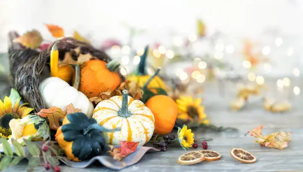 Autumn cornucopia with pumpkins, gourds and holiday decor arranged against an old wood background