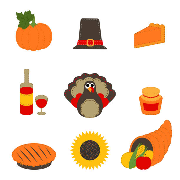 Thanksgiving day felt decoration element. Thanksgiving day felt decoration element. Set of traditinals elements: Pilgrim's hut, turkey, pumpkin, pie, vine, cornucopia, sunflower, maple syrup. Vector isolated on white background illustration. sunflower vine stock illustrations