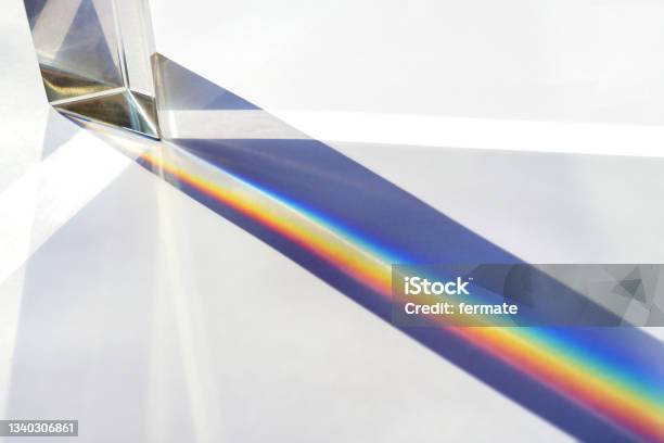 Glass Prism For Optical Physics Experiments In Education Splitting The Light Into Reflection Beams In The Spectrum Of Rainbow Colors Bright Background Copy Space Stock Photo - Download Image Now