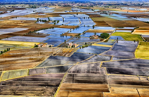 Aerial view of rice fields in the Vercelli area in Piedmont. The photo was taken in May 2016 during the flooding of the rice fields