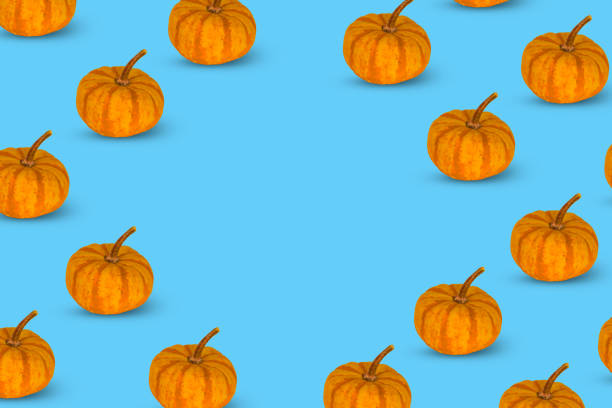 istock Modern autumn pattern of orange pumpkins on a blue background. 1340308252