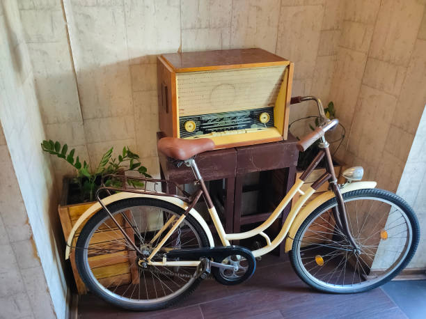 Old Soviet Vintage Antique Retro Radio and old bike or bicycle