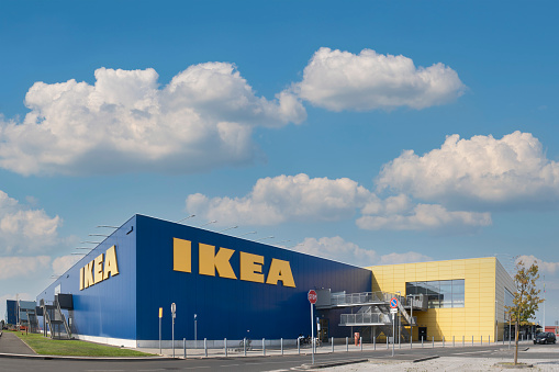Pisa, Italy - September 14, 2021 - The main entrance to an Ikea store. Ikea is a Swedish multinational furniture manufacturer.