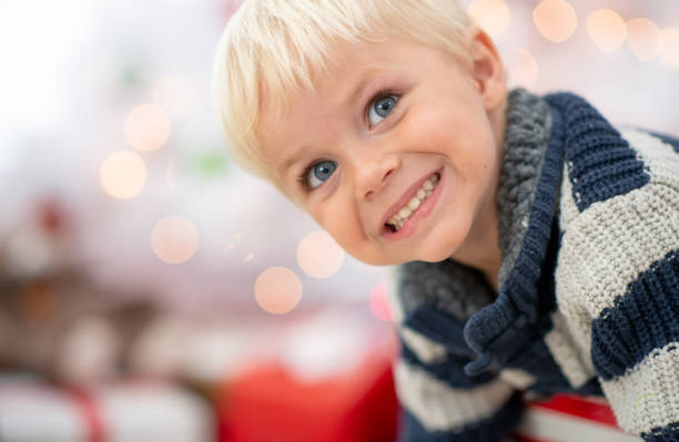 A sweet little blond haired boy poses with a smile for a Christmas portrait.  He is dressed casually in a blue and white sweater and smiling.