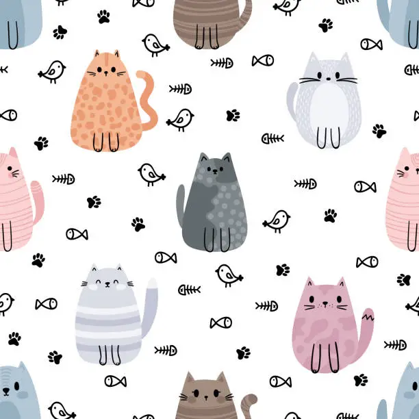 Vector illustration of Seamless pattern with cute cats and kittens. Doodle characters. Design for printing