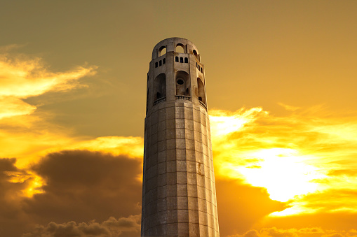 Coit Tower in San Francisco at sunset, California, USA