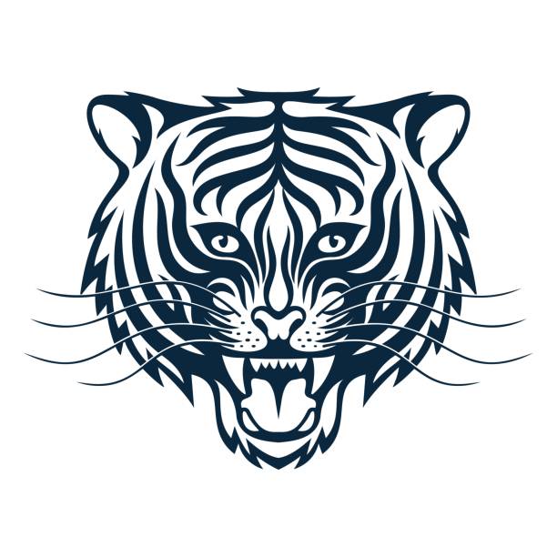 Roaring tigress - stylized tattoo Roaring tigress - stylized tattoo. Head of tiger with an open mouth. Vector monochrome illustration. siberian tiger tattoos clip art stock illustrations