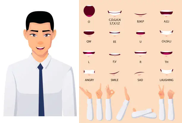 Vector illustration of Asian businessman Character Lip-syn and Mouth animation set