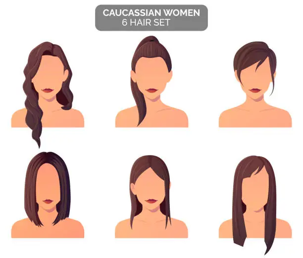 Vector illustration of Women brown Hairstyle Collection, strait, wavy hair premium vector