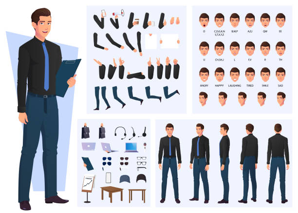 Business Man Character Creation Set, Lip Sync And Hand Gestures Business Man Character Creation Set, Lip Sync And Hand Gestures Premium Vector. one man only stock illustrations