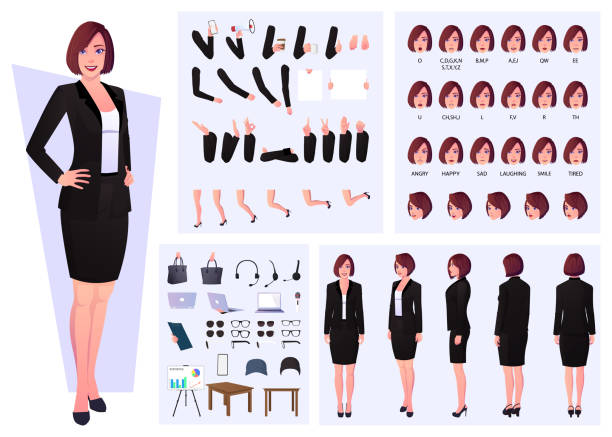 Business Woman Wearing Suit Character Constructor with Lip Sync, Emotions, and Hand Gestures Business Woman Wearing Suit Character Constructor with Lip Sync, Emotions, and Hand Gestures design fictional character stock illustrations