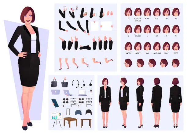 Vector illustration of Business Woman Wearing Suit Character Constructor with Lip Sync, Emotions, and Hand Gestures