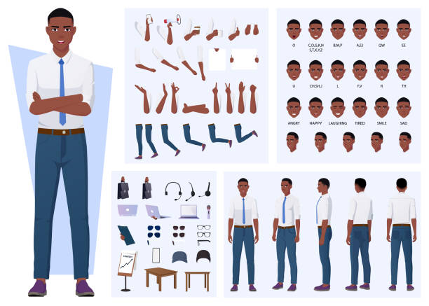stockillustraties, clipart, cartoons en iconen met african american man character creation with gestures, facial expressions, and different poses - business man