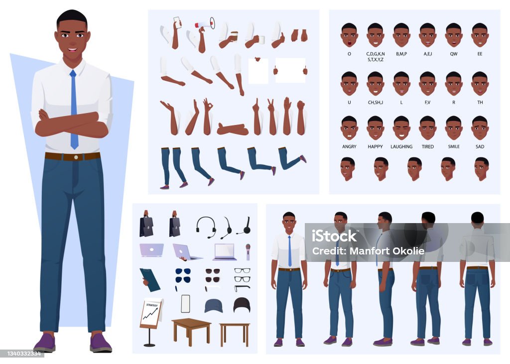 African American Man Character Creation with Gestures, Facial Expressions, and Different Poses - Royalty-free Personagem fictícia arte vetorial