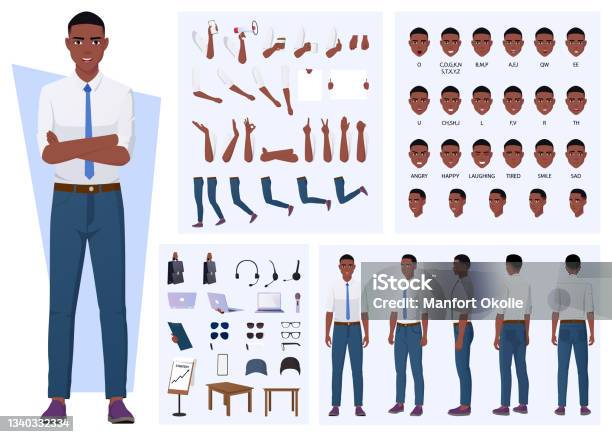 African American Man Character Creation With Gestures Facial Expressions And Different Poses - Arte vetorial de stock e mais imagens de Personagem fictícia