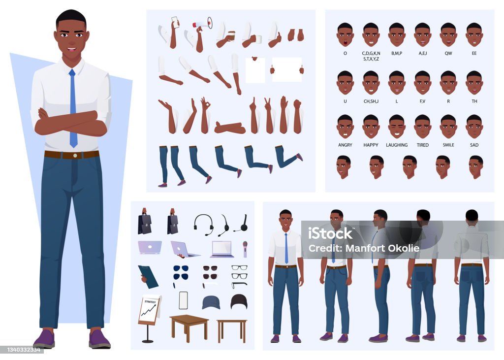 African American Man Character Creation with Gestures, Facial Expressions, and Different Poses - Royaltyfri Uppdiktad figur vektorgrafik African American Man Character Creation with Gestures, Facial Expressions, and Different Poses - Royaltyfri Uppdiktad figur vektorgrafik