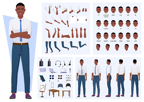 African American Man Character Creation with Gestures, Facial Expressions, and Different Poses design