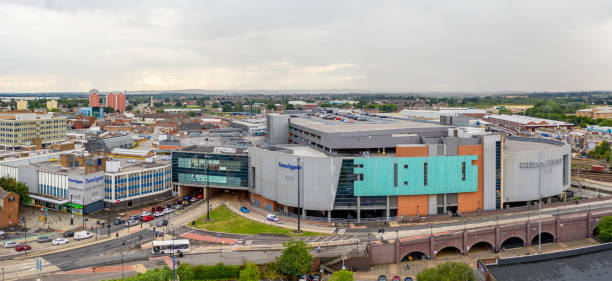 Aerial panorama of The Frenchgate shopping centre in Doncaster, UK Doncaster, UK - September  7, 2021.  An aerial view of the exterior of Doncaster Frenchgate Shopping centre doncaster photos stock pictures, royalty-free photos & images