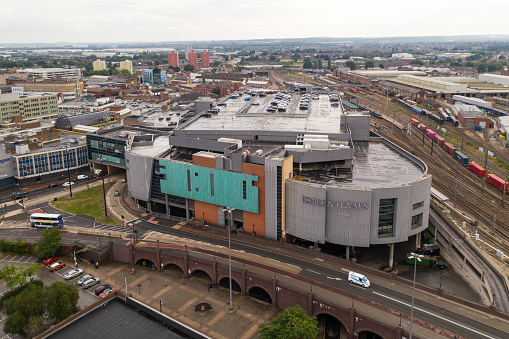 Doncaster, UK - September 9, 2021.  An aerial view of the exterior of Doncaster Frenchgate Shopping centre