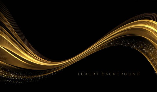 istock Abstract Gold Waves. Shiny golden moving lines design element with glitter effect on dark background for greeting card and disqount voucher. 1340345535