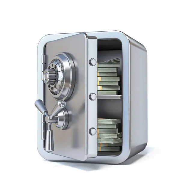 Unlocked steel safe with money inside 3D rendering illustration isolated on white background