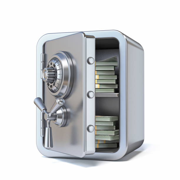 unlocked steel safe with money inside 3d - 銀行保管箱 個照片及圖片檔