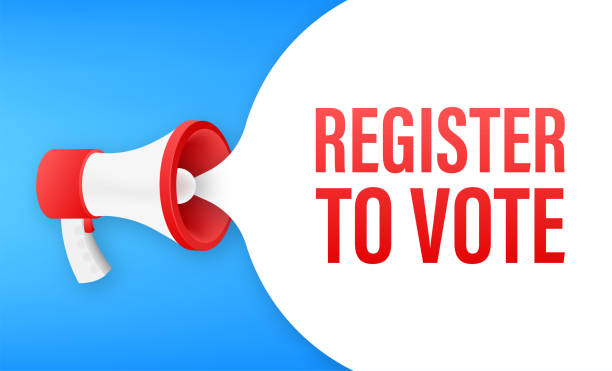 ilustraciones, imágenes clip art, dibujos animados e iconos de stock de megáfono con registro para votar. ilustración vectorial. - voter registration